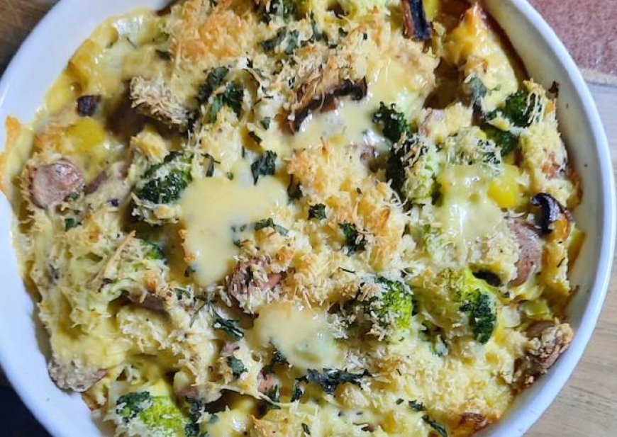 Brokoli dan jamur panggang dengan keju parmesan