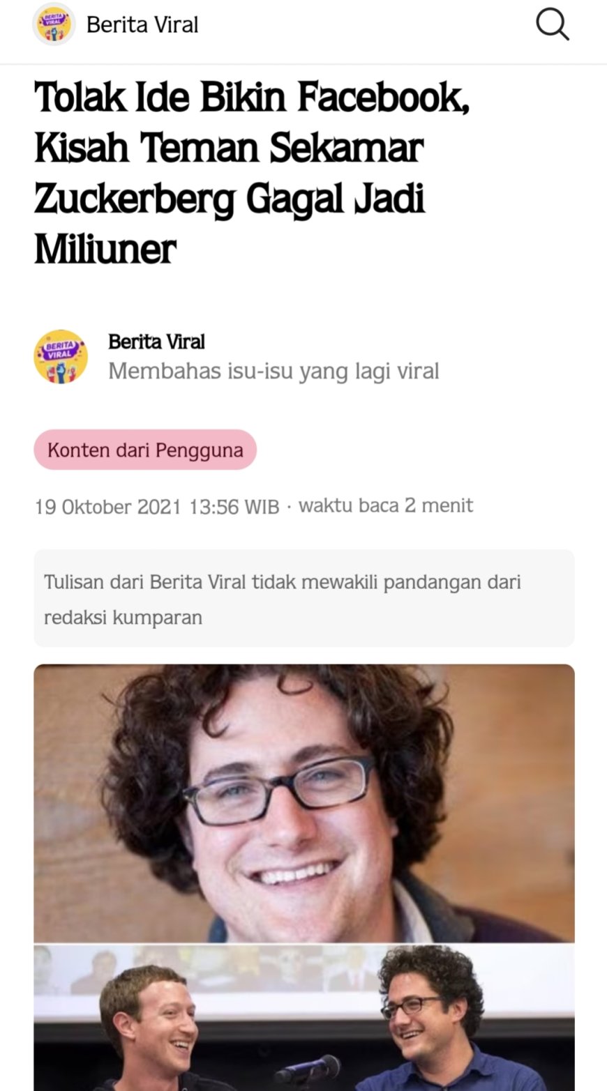 Kisah Teman Sekamar Mark Zuckerberg (pendiri facebook) yang gagal jadi Miliarder